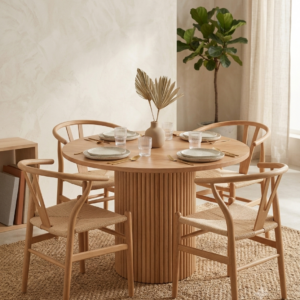 Comedor Redondo en Lenga 4 sillas Wishbone